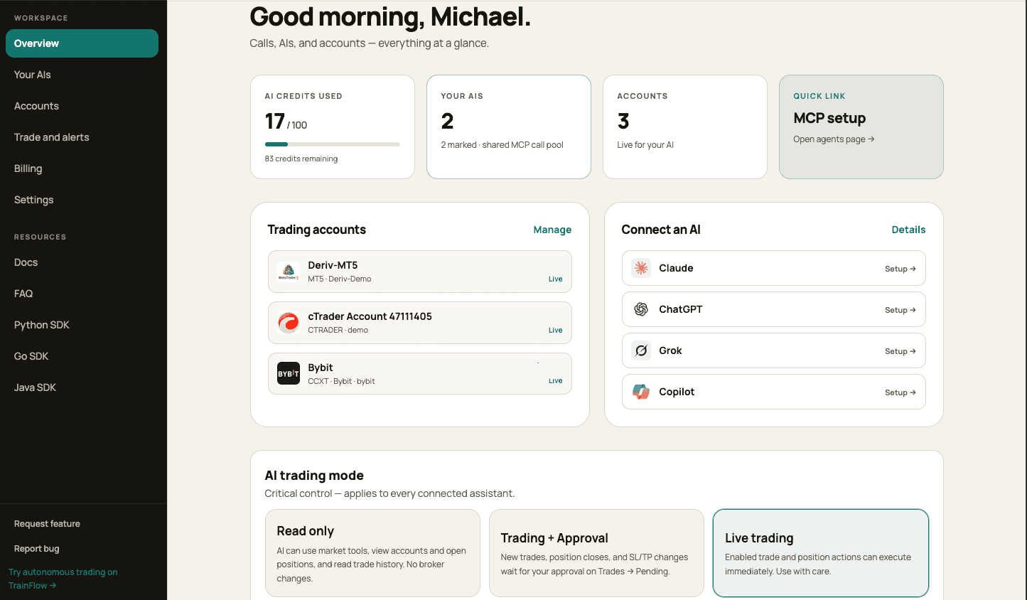 ChartGaze dashboard overview with connected accounts, AI connectors, and trading-mode controls